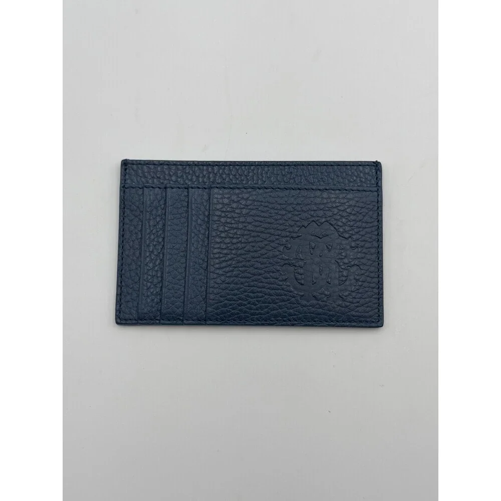 NEW Roberto Cavalli Card Holder Men's Blue Grained Leather Fashion Luxury Wallet